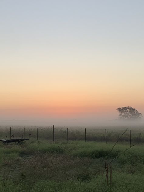 Foggy Sunrise Aesthetic, Fog In The Morning, Foggy Summer Morning, Crisp Morning Aesthetic, Misty Morning Aesthetic, Winter Foggy Morning, Foggy Morning Aesthetic, Sunrise Countryside, Farm Sunrise