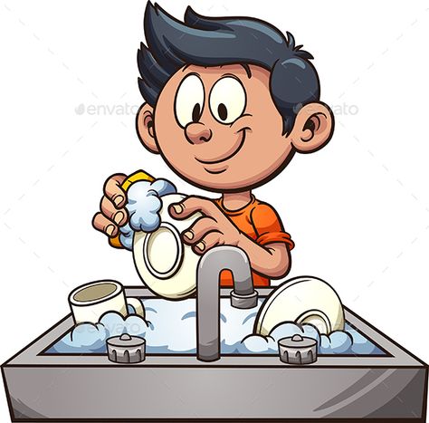 Boy washing dishes. Vector clip art illustration with simple gradients. Some elements on separate layers. EPS10 and PSD files incl Dishes Clipart, Esperanto Language, Life Skills For Children, Washing The Dishes, Plate Drawing, Colorful Borders Design, Cartoon Style Drawing, Boy Illustration, Simple Cartoon