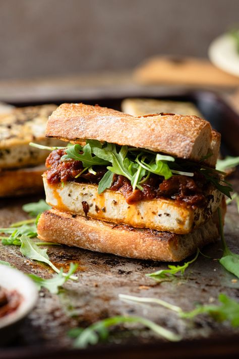 The Best Italian Tofu Sandwich - Spoonful of Plants Italian Tofu, Cooking Eggplant, Eggplant Caponata, Vegan Sandwich Recipes, Italian Seasonings, Tofu Sandwich, Mapo Tofu, Marinated Tofu, Ciabatta Bread