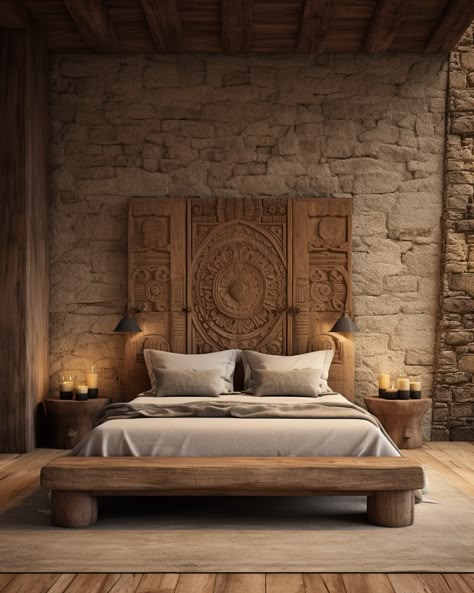 Indonesian Bedroom Bali Style, Rajwadi Bedroom Design, Safari Lodge Bedroom, African Bedroom Ideas, Indonesian Interior, Mediterranean House Interior, Ethnic Bedroom, Bali Bedroom, Diy Headboard Ideas