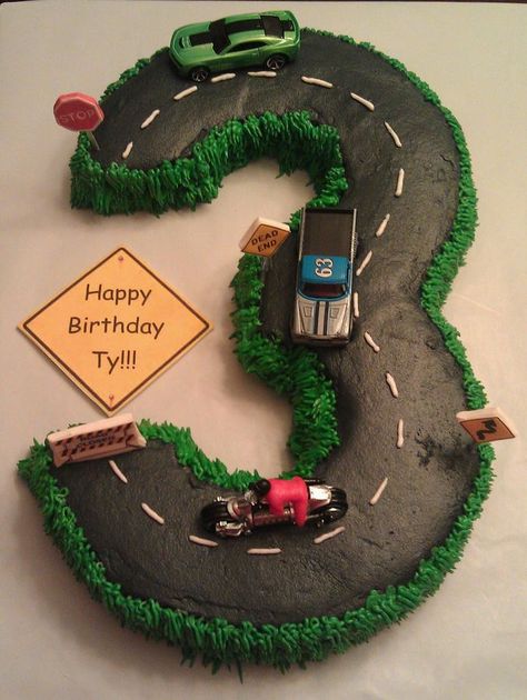 car's number 3 cake | Number 3 Cake, Road, Cars Race Track Cake, Bolo Hot Wheels, Race Car Cakes, Cars Birthday Cake, Cars Cake, Hot Wheels Birthday, Cars Birthday Party Disney, Disney Cars Birthday, Pull Apart Cupcakes