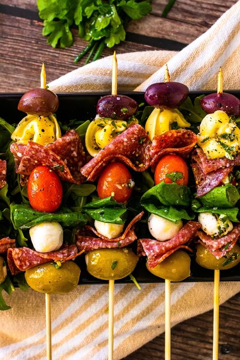 Antipasto Skewers Recipe – Happy Muncher Antipasto Kabobs, Antipasto Skewers, Skewer Appetizers, Fresh Tomato Recipes, Cocktail Party Food, Make Ahead Appetizers, Skewer Recipes, Party Appetizers Easy, Great Appetizers