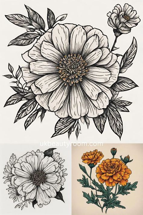 October: Marigold - flower tattoo ideas - Floral tattoos allow people to express their emotions, and individuality through the diverse meanings associated with each flower. This post lists 77 different flower tattoo ideas and they symbolic meanings. Birth, small, birth month, december birth, lotus, designs, july birth, october birth, for women, men, sleeve, arm, simple, color, on shoulder, forearm Marigold Forearm Tattoo, Marigold Tattoo Men, November Birth Flower Tattoo Peony, October Tattoo Ideas Symbols, October Flower Tattoo Birth Month, Marigold Tattoo October, October Birth Flower Tattoo Marigold, Marigold Tattoo Design, Marigold Flower Drawing