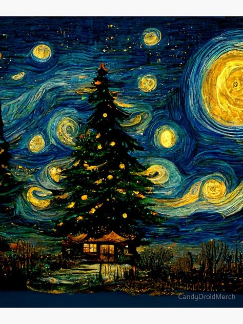 Stary Night Christmas, Christmas Paint Night, Christmas Netherlands, Christmas Cat Painting, Van Gogh Christmas, Painting Starry Night, Starry Night Painting, Christmas Paintings On Canvas, Christmas Artwork