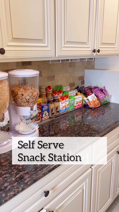 Breakfast Bar Organization Ideas, Breakfast Self Serve Station, Breakfast Bar Organization, Countertop Snack Storage Ideas, Snack Organization Ideas Counter, Snack Counter Ideas, Volunteer Snack Station, Work Snack Station, Break Room Snack Station