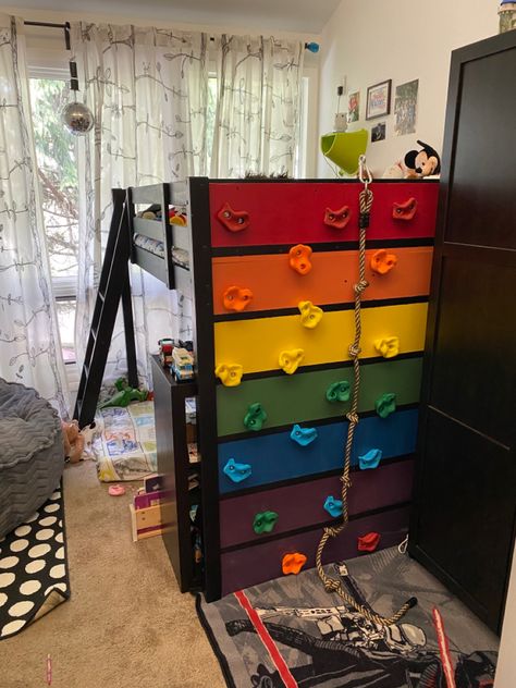 Ikea hack! Cut down the original loft bed for our little one and attached a home made rock wall to one side. Great for our little sensory seeker! Little Boys Loft Bed, Loft Bed With Rock Wall, Diy Space Bedroom Decor, Loft Bed Kids Room Boy, Diy Sensory Bedroom Ideas, Sensory Seeker Bedroom, Loft Bed Ideas Boys Room, Rock Wall Bunk Bed, Rock Wall Bedroom Ideas