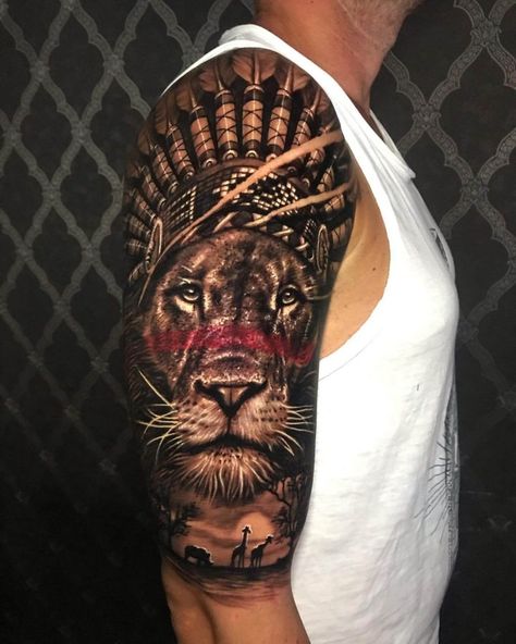 Lion With Headdress Tattoo, Lion Indian Tattoo, Indian Lion Tattoo, Lion Headdress Tattoo, Lion Headdress, Forearm Tats, Indian Tattoo Design, Headdress Tattoo, Full Hand Tattoo