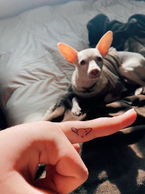 Chihuahua Tattoo Small Minimalist, Dog Tattoo On Finger, Dog Tattoo Finger, Fine Line Chihuahua Tattoo, Tattoos For A Dog, Dog Finger Tattoo, Chihuahua Tattoo Minimalist, Tiny Dog Tattoo Minimalist, Dog Owner Tattoo