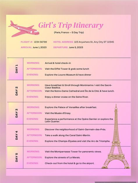 This listing is an instant download pdf template that is customizable through Canva! After purchasing, you will be sent a link to download, edit, print, or share!  PLEASE NOTE: NO PHYSICAL ITEMS WILL BE SHIPPED TO YOU. This Or That Travel, Travel Pink Aesthetic, Birthday Trip, Girls Trip Itinerary Template, Canva Travel Itinerary, Tour Itinerary Template, Free Travel Itinerary Template, Paris Trip Planning, Template Instagram