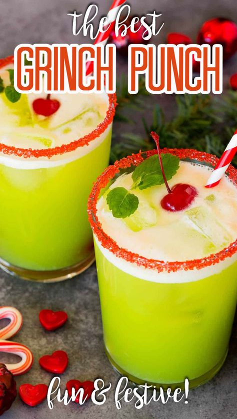 This Grinch punch recipe is a fun and festive drink made with fruit juices, lemon lime soda and sherbet. Grinch Punch Recipe Alcohol, Grinch Punch Recipe, Lime Sherbet Punch, Grinch Drink, Grinch Punch, Holiday Mocktail, Sherbet Punch, Friends Recipes, Grinch Party