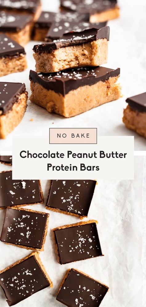 No bake peanut butter protein bars that taste just like a Reese's peanut butter cup. This low carb protein bar recipe will be your new favorite snack to keep in your fridge and enjoy all week long. #nobake #healthysnack #highprotein #peanutbutter #chocolate #proteinbar Chocolate Peanut Butter Protein Bars, Low Carb Protein Bars Recipe, Protein Bar Recipe, Low Carb Protein Bars, Peanut Butter Protein Bars, No Bake Peanut Butter, Low Carb Peanut Butter, Protein Bar Recipes, Ambitious Kitchen