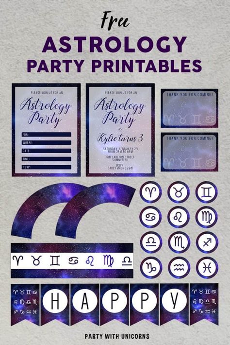 Today I am adding a set of Astrology Party Printables to our collection. This set is perfect for a Horoscope Party, an Astrology Party or a Zodiac Party. Whatever the theme, this set is all about the stars. What is the Zodiac? If you’ve been asked by your teen to put together a horoscope birthday, […] Read more... Horoscope Birthday Party, Horoscope Party, Zodiac Party, Astrology Party, Teenager Party, Easy Party Favor, Galaxy Party, Birthday Photoshoot Ideas, Astrology Birthday