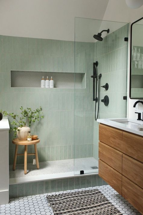 Create Pin for ad Organic Small Bathroom, Long Narrow Bathroom Remodel, Bathroom Remodel 2024, Pistachio Bathroom, Shower Over Bath Ideas, Modern Aesthetic Bathroom, White And Green Bathroom, Bathroom In Bedroom, Bathrooms Green