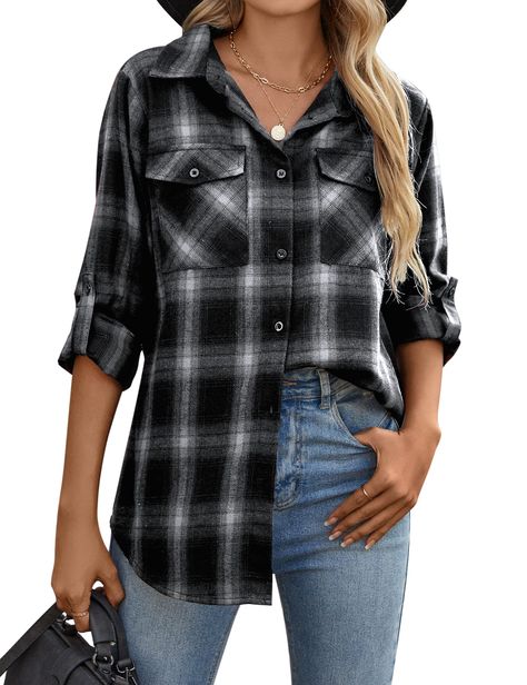 PRICES MAY VARY. Feature: The flannel shirts for women feature collared, single breasted button down front, long sleeves with roll up sleeves detail, two chest pockets, plaid pattern, business casual style. Design: The plaid shirts for women has versatile ways to wear in spring, fall, winter, tied at the waist, wrapped around waist, and as a cardigan, shirt jacket or shacket jacket, making any look seem instantly more fashion forward and hipster. The long sleeves can be rolled up to be 3/4 sleev Flannel Shirts Women Outfits, Out On The Town Outfits, Plaid Shirt Outfit Women, Flannel Shirts For Women, Plaid Shirts For Women, Ladies Shirts Casual, Business Casual Style, Womens Flannel, Plaid Shirt Outfits