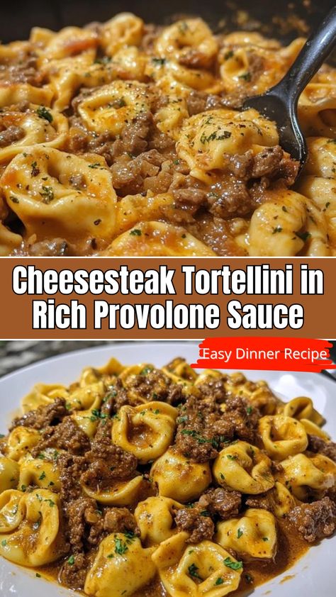 Cheesesteak Tortellini: Quick & Creamy Provolone Delight! - Delicious Recipes - Easy Cooking Ideas and Tasty Dishes Different Dinners Ideas Easy, Pasta Comfort Food Recipes, Cheese Steak Tortellini With Provolone Sauce, Hamburger Tortellini Soup Recipes, Cheesesteak Tortellini Pasta, Casserole Meals Dinners, Dinner Recipes Cream Cheese, Cheesesteak Tortellini In Rich Provolone, Cheesestake Tortellini