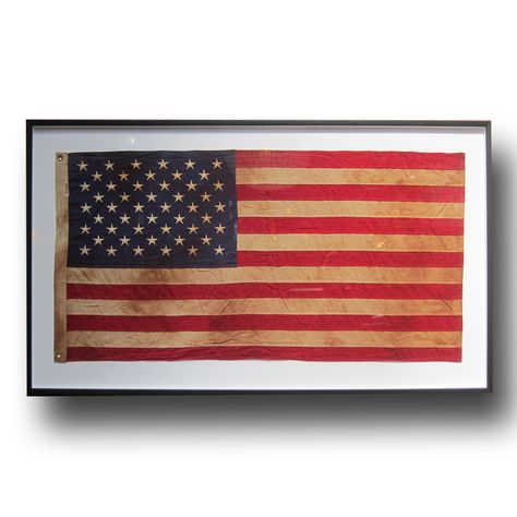 Framed Vintage American Flag - Antique American flag mounted on white linen backing with simple black wood box frame. Framed American Flag, American Flag Art, Cobra Art, Hot Dog Bar, Patriotic Art, Framed Flag, Vintage American Flag, Antique Frames, Wood Box