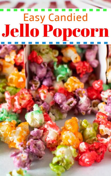 Jello Flavored Popcorn Recipes, Popcorn Candy Bar Ideas, Diy Flavored Popcorn, Flavor Popcorn Recipes Easy, Homemade Flavored Popcorn, Candied Food, Jello Popcorn, Colorful Popcorn, Candied Popcorn