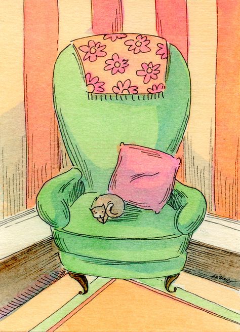 Nicole Wong Illustrations - PainterNik on Etsy <3 Fall Outside, Cat Art Illustration, Painting Green, Interior Illustration, Illustrator Artist, Art Chair, Green Chair, Cat Paws, Childrens Illustrations