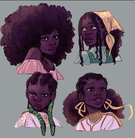 Poc Oc Hairstyles, Coils Hair Drawing, Afro Hair Art Drawings, Art Hairstyle Ideas, How To Draw Afro Puffs, How To Draw Dreads Female, Long Hairstyles Character Design, 4c Hair Drawing Reference, Natural Hair Styles Drawing