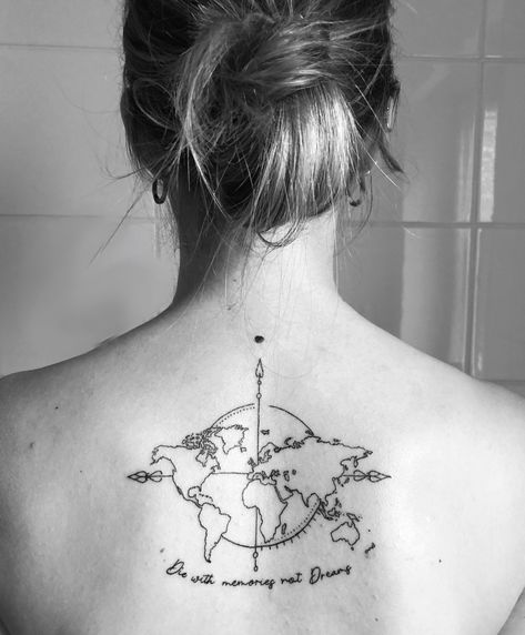 Tattoo #tattoosforwomen #tattoowomen Traveler Tattoo Ideas, Travel Back Tattoo, Travel Spine Tattoo, World Map Tattoo Design, World Tattoos For Women, Travel Tattoos For Women Unique, Tattoo World Map, Travel Inspired Tattoos, Watercolor Bike