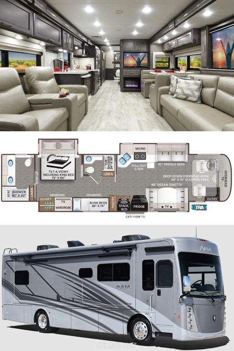 This RV is designed to ensure the whole family has fun exploring the world. It features beautifully handcrafted interiors and fully equipped kitchens. Behind the cockpit, you’ll find luxury furniture and extra sleeping space. Additionally, owners can use the bathroom on the master suite, while guests can use the second bathroom across the bunk bed. You also get a vanity with plenty of counter space and extra storage for linens. Luxurious Rv Interior, Interior Rv Ideas, Family Rv Layout, Cool Rvs Rv Interior, Luxury Rv Living Motorhome, Big Rv Luxury Rv, Big Cars For Family, Luxury Rv Interior, Big Family Car