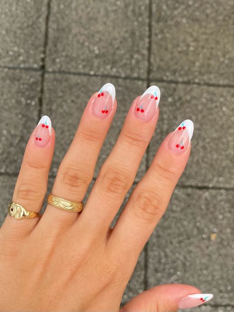 Summer Nail Ideas French Tips, Press On Designs, Nail Ideas French Tips, Cute Cherry Nails, Round Nails Short, French Tip Nails White, Cherry Nails, Cute Gel Nails, Round Nails