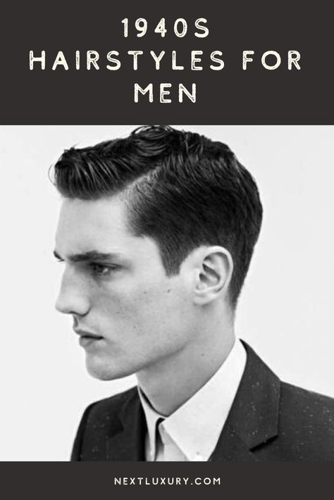 In reality, the 1940’s marked a key turning point for one of the most popular decades of men’s hairstyles, the 1950s. Though, the change was truly subtle during the period with slightly longer lengths and added volume.While it’s true the Forties didn’t have as big of a push as the Fifties, the change was still considerable even without the rock and roll. #nextluxury #hairstylesformen #menshairstyles #menshaircut Mens 1940s Hairstyles, 1940s Mens Hairstyles Vintage Hair, Mens 40s Hairstyles, Traditional Mens Haircut, 1940s Hairstyles Men, 40s Hairstyles Men, Noir Hairstyles, Classic Haircut Men Vintage, Vintage Mens Hairstyles