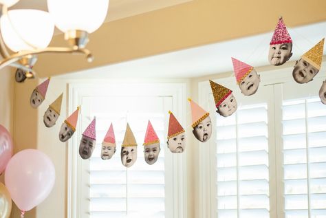 love this baby face banner. different pictures of your baby's face. and the mantle decorations Birthday Party Pictures, Baby Birthday Decorations, 1 Year Birthday, 1st Birthday Party Themes, First Birthday Party Themes, First Birthday Themes, First Birthday Decorations, Party Pictures, Baby Birthday Party