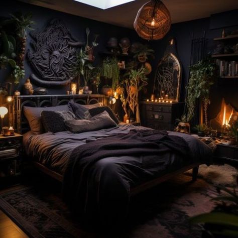 Black And Green Modern Bedroom, Dark Boho Dorm Room, Dark Boho Chic Bedroom, Earthy Witchy Bedroom Aesthetic, Dark Room With Plants, Dark Moody Masculine Bedroom, Black Green Bedroom Ideas, Sensual Room Decor, Earthy Goth Bedroom