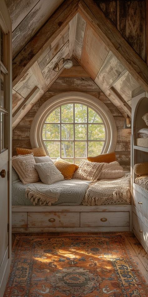 Boho Attic Bedroom, Casa Hobbit, Bedroom Trends, Global Textiles, Bedroom Eyes, Dream Cottage, Attic Bedroom, Attic Rooms, Dream House Rooms