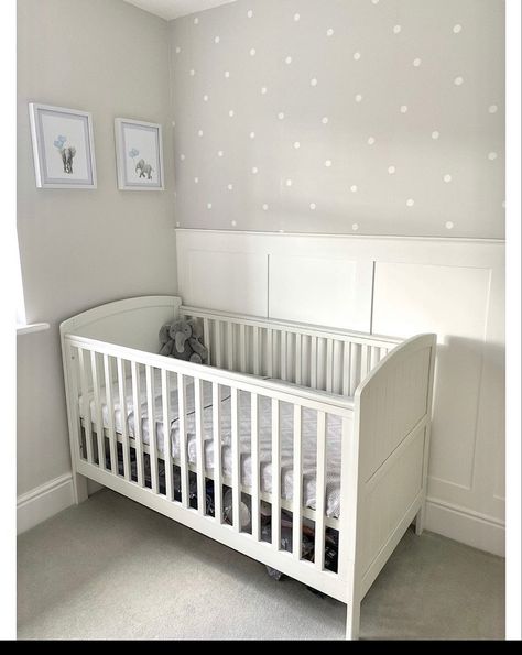 Wall Panelling Nursery, Nursery Panelling, White Nursery Ideas, Box Room Nursery, Gray Gender Neutral Nursery, Grey And White Nursery, Grey White Nursery, White Rocking Chairs, Room Neutral