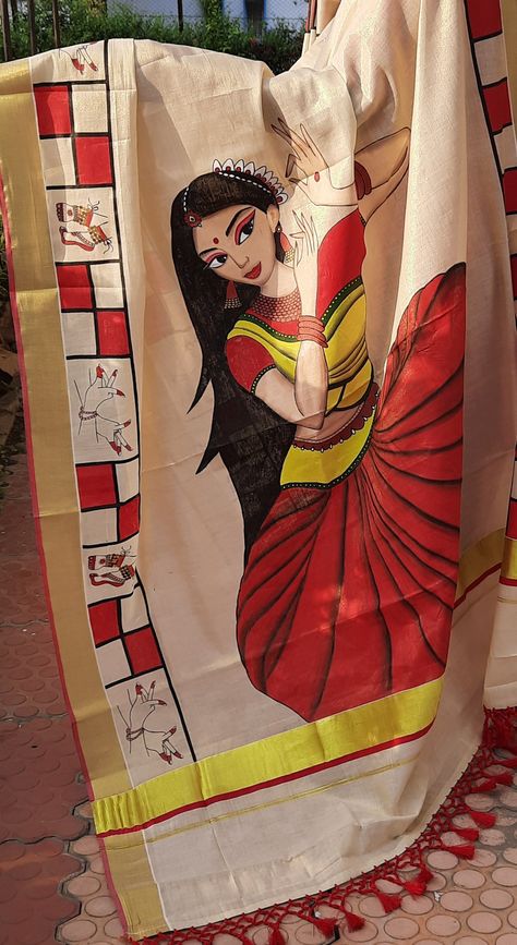 Fabric Painting On Lehenga, Tshirt Painting Ideas Acrylics, Fabric Painting On Saree, Blouse Painting, Hand Painted Saree, Fabric Colour Painting, Cloth Painting, Saree Painting Designs, Fabric Paint Diy