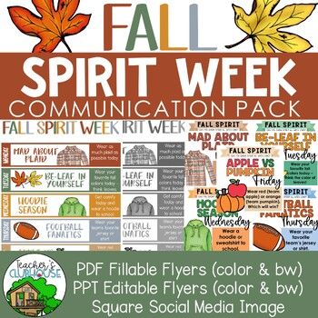 Looking for fun spirit week ideas for fall? Fall Spirit Week lets students show school spirit in fun fall ways!Save 50% off all Spirit Day and Spirit Week packs by purchasing the yearlong Spirit Week Growing Bundle - plus get ALL future additions FREE!This fun-filled week includes the following spirit days:Monday - Mad About Plaid (wear plaid to school)Tuesday - Be-Leaf in Yourself (wear your favorite fall colors today - think leaf colors)Wednesday - Hoodie Season (wear a hoodie or sweatshirt to Thanksgiving Theme Days For School, Book Fair Spirit Week Ideas, Fall Break Spirit Week, People Week Ideas, Movie Themed Spirit Week, School Spirit Ideas Elementary, Weekday Themes Ideas, Spirit Week For Preschool, Hospital Spirit Week Ideas