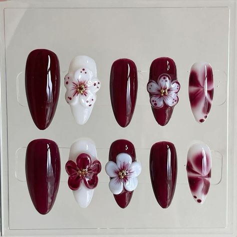 Nail Art Designs 3d Flowers, Simple Nail Stickers, Nails Design 3d Flowers, 3d Nail Art Design, Nails With 3d Designs, Nails Flowers Designs, 3 D Nail Art Design, Red 3d Flower Nails, Gel Flower Nail Designs