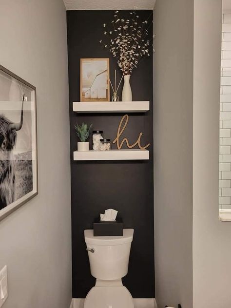 Bathroom Wallpaper Ideas Accent Wall, Accent Wall Small Bathroom, Small Half Bathroom, Bathroom Wallpaper Ideas, Bathroom Redecorating, Half Bathroom Decor, Toilet Room Decor, Small Toilet Room, Powder Room Decor