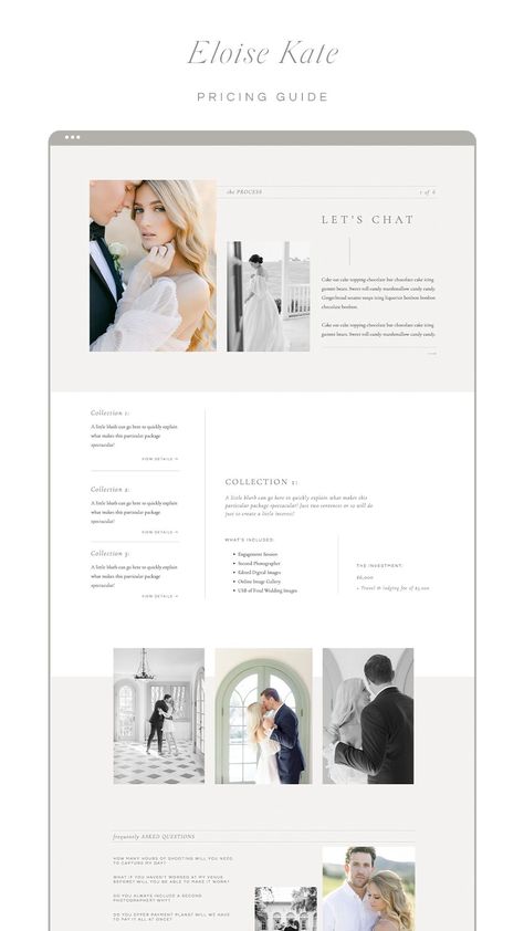 Wedding Pricing Guide Photography, Wedding Guide Template, Website Packages Pricing, Wedding Packages Template, Wedding Venue Packages Template, Branding Packages Pricing, Showit Templates For Photographers, Price Guide Design, Wedding Price List