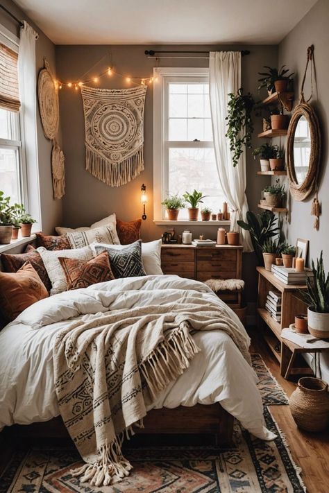 Hobo Bedroom Ideas Bohemian, Small Boho Room, Tiny Master Bedrooms Decor, Boho Small Bedroom, Industrial Jungle, Bohemian Bedroom Ideas, Hippy Bedroom, Boho Bedroom Design, Intimate Space