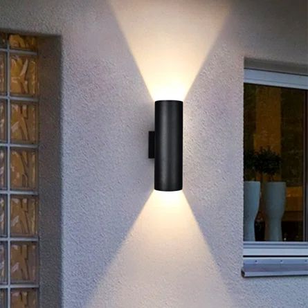 Ivy Bronx Manseau 2 - Bulb Matte Black Outdoor Armed Sconce | Wayfair Modern Black Outdoor Light Fixtures, Up/down Light Wall Sconces, Exterior Sconces Modern, Outdoor Lighting Black, Modern Garage Lights, Outdoor Black Lights, Modern Garage Lights Exterior, Exterior Lights On House Modern, Garage Sconces Outdoor Lighting