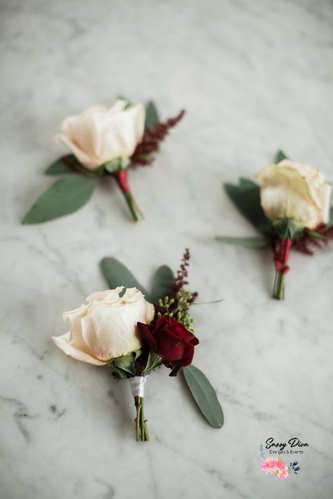 Blush Rose, Burgundy Spray Rose, Astilbe, and Eucalyptus Boutonniere wrapped in either White or Burgundy Satin Ribbon White Spray Rose, White Corsage, Sassy Diva, Burgundy Wedding Flowers, Groomsmen Ideas, Burgundy And Blush Wedding, Beautiful Fall Wedding, White Boutonniere, Burgundy Bouquet