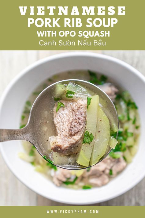 Nothing reminds me more of home than a warm bowl of soup. Here is a classic Vietnamese soup made with short pieces of pork ribs and thinly sliced opo squash. Enjoy with steamed rice for a complete meal. Opo Soup Recipe, Vietnamese Opo Squash Soup, Vietnamese Vegetable Soup, Vietnamese Squash Soup, Vietnamese Pork Soup, Opo Squash Soup, Vietnamese Soup Canh, Vietnamese Crab Soup, Vietnamese Vegetarian Recipes