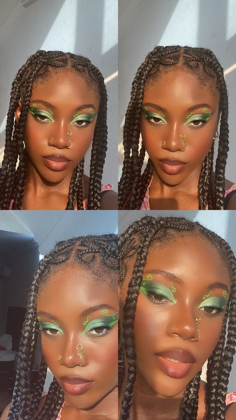 Green Graphic Liner Looks, Green Eye Looks Black Women, Green Festival Makeup Looks, Dark Skin Fairy Makeup, Green Eyeliner Black Women, Green Makeup On Black Women, Tinkerbell Inspired Makeup, Graphic Liner Black Women, Nature Makeup Looks Green