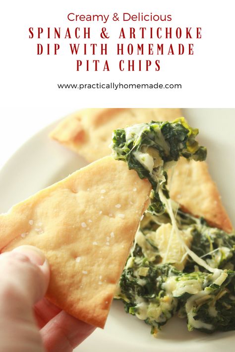 Healthy Artichoke Dip, Pita Chips Recipe, Chips Homemade, Artichoke Dip Easy, Best Spinach Artichoke Dip, Practically Homemade, Homemade Pita Chips, Baked Pita Chips, Baked Spinach