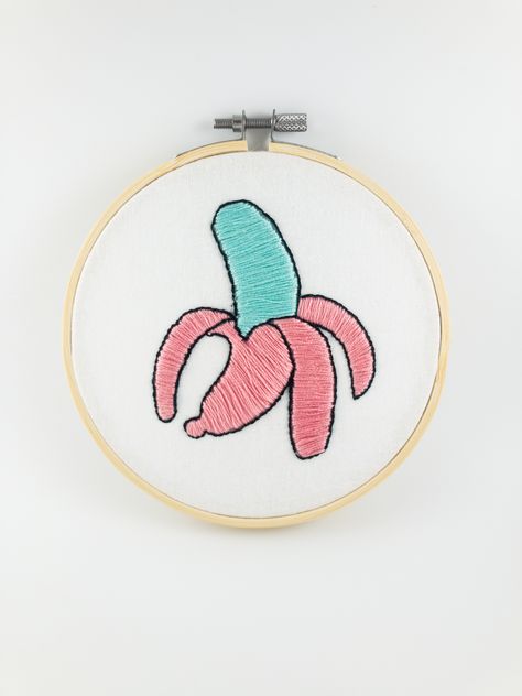 Pop art inspired pink and blue banana embroidery pattern. Trippy Embroidery, Banana Embroidery, Quirky Embroidery, Shoe Embroidery, Fruit Embroidery, Fun Embroidery, Banana Fruit, Blue Banana, Embroidered Art