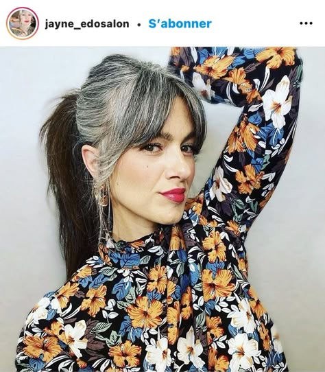 Grey Curtain Bangs, Grey Hair Curtain Bangs, Gray Hair Curtain Bangs, Grey Hair Fringe, Straight Grey Hair, Grey Ponytail, Grey Hair Journey, Grey Hair With Bangs, Black And Grey Hair