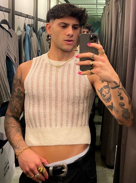 male crop top Crochet Top Men, Men Crop Top Outfit, Coquette Baddie, Knitted Vest Outfit, Men Crop Top, Summer Tank Top Outfits, Mens Crop Tops, Crop Top Men, Vest Outfits Men