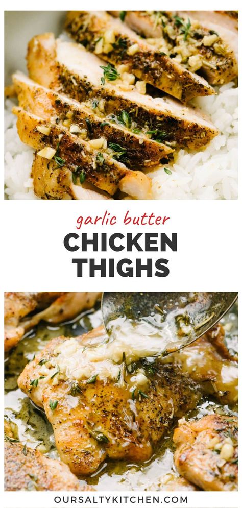 Garlic butter chicken thighs are flavorful and frugal! This is a one skillet chicken recipe, ready in just 30 minutes. Boneless skinless chicken thighs are packed with flavor and so affordable. They're generously seasoned, then pan seared until golden brown. A quick pan sauce with garlic, thyme, white wine, broth and butter is ready in just minutes. This quick chicken dinner is great for weeknights, and pairs with endless side dishes. #chickenthigh #dinner #chickenrecipe Boneless Skinless Chicken Thigh Recipes Stove Top, Boneless Skinless Chicken Thigh Recipes Dutch Oven, Chicken Thighs Recipes Boneless Skinless, Boneless Skinless Chicken Thigh Recipes Baked, Roasted Boneless Chicken Thighs, Chicken Thigh Fillet Recipes, Stove Top Chicken Thighs, Boneless Skinless Chicken Recipes, Garlic Butter Chicken Thighs