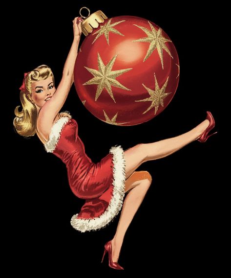 Vintage Christmas Glamour, Christmas Pin Up Girl Vintage, New Year Aesthetic Vintage, Christmas Pinup Art, Pin Up Illustration 50's, Christmas Pose Reference, 50s Pinup Art, Christmas Pin Up Girl, Pin Up Christmas