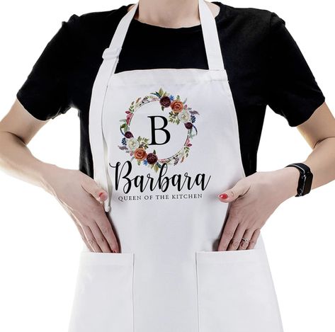 Personalized Kitchen Aprons Floral Initial Design w/Name Text - Customized Women Cooking Apron w/Pockets Custom Chef White Gifts for Baking Bbq Grill Funny Mujer Cocina Delantal C1, Standard. Disclosure: "As an Amazon Associate I earn from qualifying purchases." Branded Aprons, Funny Aprons, Grill Apron, Initial Design, Floral Initial, Design Your Kitchen, Personalized Kitchen, Custom Aprons, Personalized Aprons