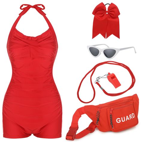 PRICES MAY VARY. Halloween Cosplay Costume Set: you will receive 1 piece of womens red boyleg swimsuit, 1 piece of guard fanny pack, 1 piece of whistle with lanyard, 1 piece of big hair bow and 1 pair of sunglasses, the thoughtful set will satisfy your need of haloween cosplay, and you can also wear them for other summer themed party Bathing Suit for Women: the guard swimsuit is in red color, take the boyleg design, made of quality polyester, reliable and comfortable, which can leave you a joyfu Sandlot Costume, Summer Themed Party, Lifeguard Costume, Guard Costume, Bathing Suit For Women, Red Hair Bow, Big Hair Bows, Costume For Women, Costume Set