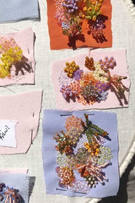 Textile Samples Ideas, Beaded Textile Art, Beading Textiles, Endings Art, Crochet Sketchbook, Spring Textiles, Beaded Embroidery On Fabric, Textiles Aesthetic, Summer Textiles